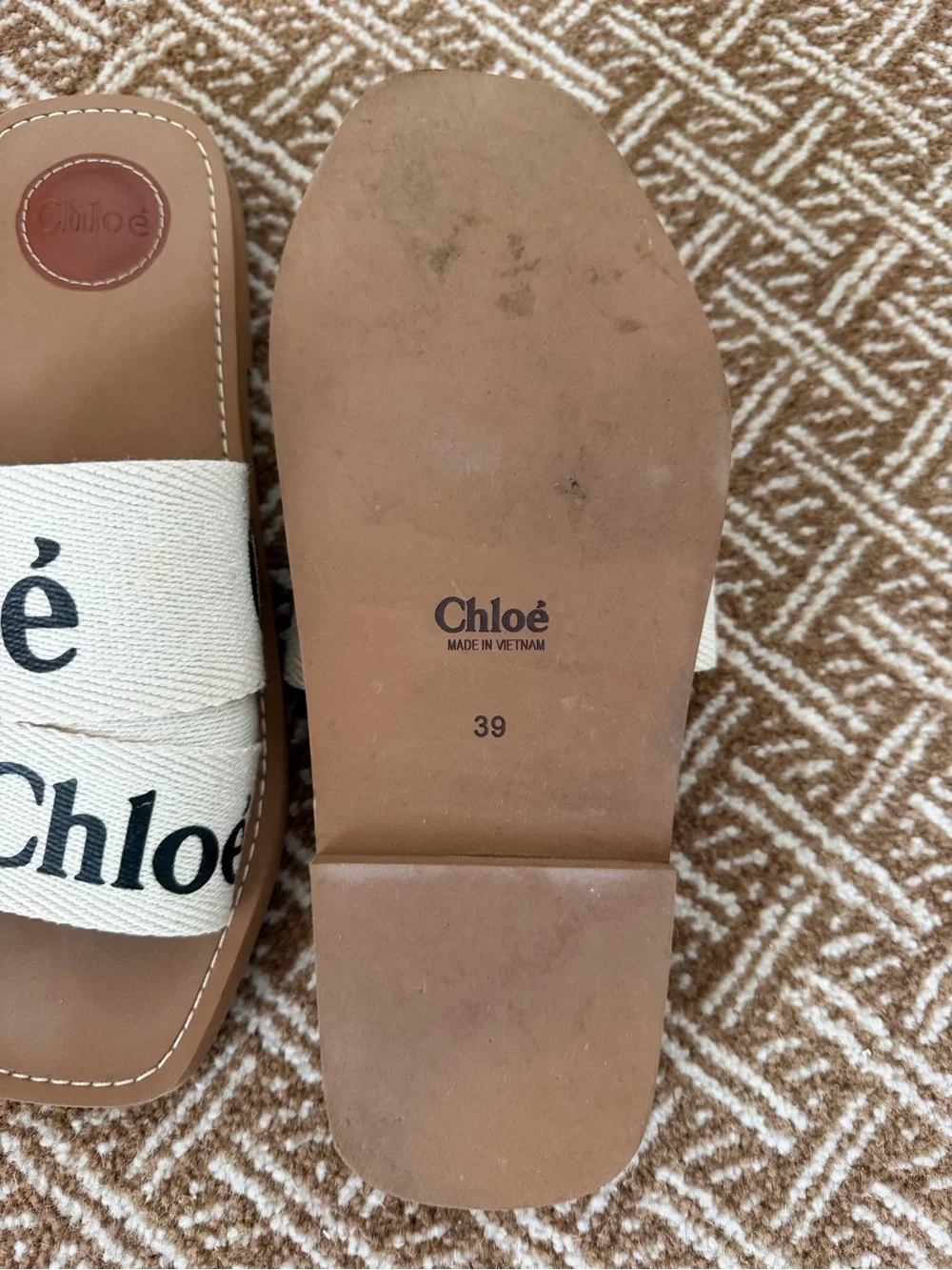 Chloé Cream Canvas Logo Slide Sandals with Brown Leather Sole